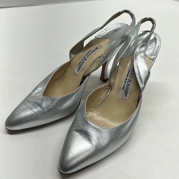 Manolo Blahnik Metallic Silver Slingback Heels - Picture 6 of 14
